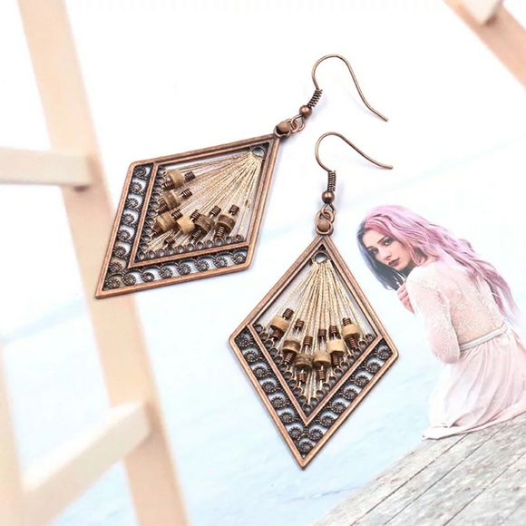 Hand Woven Boho Chic Diamond Shape Dangle Earrings - Picture 5 of 9